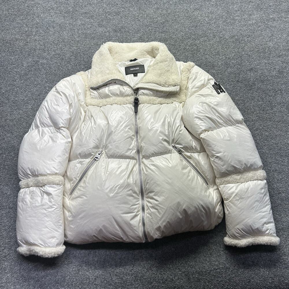 Mackage Miya Womens Medium White Down Puffer Jacket Shearling Trim Winter Coat M